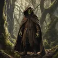 Detailed goblin with tired expression wearing a brown hooded cloak in a forest, 8k, Gothic and Fantasy, Elden Ring, Photo Realistic, Dynamic Lighting by Greg Rutkowski