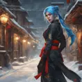 Mysterious beautiful kunoichi ninja wearing black, red and gold in the streets of a dark snowy town in russia, 8k, Intricate Details, Trending on Artstation, Blue Hair by Stanley Artgerm Lau, WLOP