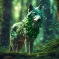 Wolf in a green magical forest, Highly Detailed, Bokeh effect, Sharp Focus, Volumetric Lighting, Fantasy by Greg Rutkowski