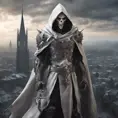 White male warrior long silver  hair with organic bone full body armour and a hooded cloak wearing a bone demonic mask, overlooking a gothic massive city, 8k, Gothic and Fantasy, Elden Ring, Photo Realistic, Dynamic Lighting by Greg Rutkowski