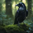 Raven in a green magical forest, Highly Detailed, Bokeh effect, Sharp Focus, Volumetric Lighting, Fantasy by Greg Rutkowski