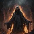 Face a dementor with a reaped and scary tunica in hell, above a pile of corpses, dark and scary night, realistic, detailed, horror, spooky, terror, 8k, Gothic and Fantasy, Elden Ring, Photo Realistic, Dynamic Lighting by Stanley Artgerm Lau, Greg Rutkowski