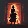 Silhouette of a samurai female assassin in the style of Fire watch, 8k, Dystopian, Trending on Artstation, Volumetric Lighting