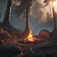 A highly detailed matte painting of a camp fire in an epic mountain forest, 4k resolution, Masterpiece, Trending on Artstation, Cyberpunk, Octane Render, Volumetric Lighting