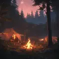 A highly detailed matte painting of a camp fire in the forest at night by studio ghibli, 4k resolution, Masterpiece, Trending on Artstation, Cyberpunk, Octane Render, Volumetric Lighting