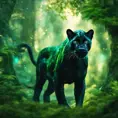 Panther in a luscious green magical forest, Highly Detailed, Bokeh effect, Sharp Focus, Volumetric Lighting, Fantasy by Greg Rutkowski