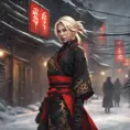 Mysterious beautiful kunoichi ninja wearing black, red and gold in the streets of a dark snowy town in russia, 8k, Intricate Details, Trending on Artstation, Blonde Hair by Stanley Artgerm Lau, WLOP