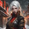 Mysterious beautiful kunoichi ninja wearing black, red and gold in the streets of a dark snowy town in russia, 8k, Intricate Details, Trending on Artstation, White Hair by Stanley Artgerm Lau, WLOP