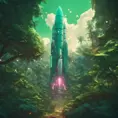 Studio ghibli, rocket explosion, jungle, solar, green technology, optimist future, 8k, Bokeh effect, Cinematic Lighting, Iridescence, Vibrant by Beeple, Dan Mumford, Greg Rutkowski, WLOP