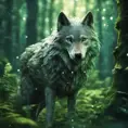 Wolf in a green magical forest, Highly Detailed, Bokeh effect, Sharp Focus, Volumetric Lighting, Fantasy by Greg Rutkowski