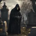 Portrait of the grim reaper in a graveyard, 8k, Gothic and Fantasy, Elden Ring, Photo Realistic, Dynamic Lighting by Greg Rutkowski