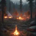 A highly detailed matte painting of a camp fire in an epic mountain forest, 4k resolution, Masterpiece, Trending on Artstation, Cyberpunk, Octane Render, Volumetric Lighting