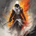 White Assassin emerging from a firey fog of battle, ink splash, Highly Detailed, Vibrant Colors, Ink Art, Fantasy, Dark by Stanley Artgerm Lau