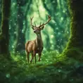 Deer in a green magical forest, Highly Detailed, Bokeh effect, Sharp Focus, Volumetric Lighting, Fantasy by Greg Rutkowski