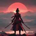 Backview of a female samurai assassin. The sky is colored by a red sun set, 8k, Dystopian, Trending on Artstation, Volumetric Lighting