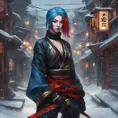 Mysterious beautiful kunoichi ninja with blue hair wearing black, red, and gold jewelry in the streets of a dark snowy town in russia, 8k, Intricate Details, Trending on Artstation, Red Hair by Stanley Artgerm Lau, WLOP