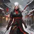 Mysterious beautiful kunoichi ninja wearing black, red and gold in the streets of a dark snowy town in russia, 8k, Intricate Details, Trending on Artstation, White Hair by Stanley Artgerm Lau, WLOP