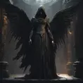 Hooded winged wraith in a dungeon, 8k, Gothic and Fantasy, Elden Ring, Photo Realistic, Dynamic Lighting by Greg Rutkowski