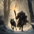 an a old dark elf running into the wood being pursuit by a wolf and humans with an torch. About middle earth, 8k, Gothic and Fantasy, Beautiful, Sci-Fi, Photo Realistic by Greg Rutkowski