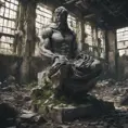 Close up, top view of a huge stone statue broken into pieces inside an abandoned warehouse overgrown inside abandonated factory, big rocks,, 8k, Gothic and Fantasy, Beautiful, Sci-Fi, Photo Realistic by Greg Rutkowski