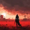 Back view of a female assassin on a bloody batte field. The sky is colored by a red sun set, Dystopian, Volumetric Lighting