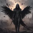 Intricate portrait of a horrifying pale assassin dusk elf, black hair, black eyes, fully covering black hooded armor in an apocalytpic world with Ravens, 8k, Gothic and Fantasy, Beautiful, Sci-Fi, Photo Realistic