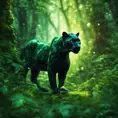 Panther in a luscious green magical forest, Highly Detailed, Bokeh effect, Sharp Focus, Volumetric Lighting, Fantasy by Greg Rutkowski