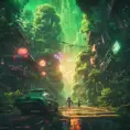 Studio ghibli, rocket explosion, jungle, solar, green technology, optimist future, 8k, Bokeh effect, Cinematic Lighting, Iridescence, Vibrant by Beeple, Dan Mumford, Greg Rutkowski, WLOP