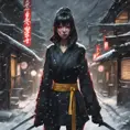 A mysterious Gogo Yubari kill bill ninja in a dark snowy Tokyo town, 8k, Intricate Details, Trending on Artstation, Beautiful, Stunning, Centered by Stanley Artgerm Lau, WLOP