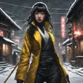 A mysterious Gogo Yubari kill bill ninja in a dark snowy Tokyo town, 8k, Intricate Details, Trending on Artstation, Beautiful, Stunning, Centered by Stanley Artgerm Lau, WLOP