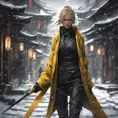 Mysterious beautiful kill bill ninja in the streets of a dark snowy town, 8k, Intricate Details, Trending on Artstation, Beautiful, Stunning, Centered by Stanley Artgerm Lau, WLOP