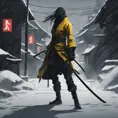 Silhouette of a mysterious kill bill ninja in the streets of a dark snowy town, 8k, Intricate Details, Trending on Artstation, Beautiful, Stunning, Centered by Stanley Artgerm Lau, WLOP