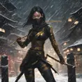 Silhouette of a mysterious beautiful armed kunoichi ninja wearing black leather and gold in the streets of dark snowy tokyo, 8k, Intricate Details, Trending on Artstation, Beautiful, Stunning, Centered by Stanley Artgerm Lau, WLOP