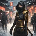 Silhouette of a mysterious beautiful armed kunoichi ninja wearing black leather and gold in the streets of dark snowy tokyo, 8k, Intricate Details, Trending on Artstation, Beautiful, Stunning, Centered by Stanley Artgerm Lau, WLOP