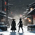 Silhouette of a mysterious Gogo Yubari kill bill ninja in a dark snowy town in Tokyo, 8k, Intricate Details, Trending on Artstation, Beautiful, Stunning, Centered by Stanley Artgerm Lau, WLOP