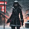 Silhouette of a mysterious Gogo Yubari kill bill ninja in a dark snowy town in Tokyo, 8k, Intricate Details, Trending on Artstation, Beautiful, Stunning, Centered by Stanley Artgerm Lau, WLOP