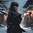 Silhouette of a mysterious Gogo Yubari kill bill ninja in a dark snowy town in Tokyo, 8k, Intricate Details, Trending on Artstation, Beautiful, Stunning, Centered by Stanley Artgerm Lau, WLOP