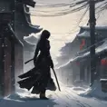 Silhouette of a mysterious kill bill ninja in the streets of a dark snowy town, 8k, Intricate Details, Trending on Artstation, Beautiful, Stunning, Centered by Stanley Artgerm Lau, WLOP