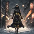 Silhouette of a mysterious beautiful armed kunoichi ninja wearing black leather and gold in the streets of dark snowy tokyo, 8k, Intricate Details, Trending on Artstation, Beautiful, Stunning, Centered by Stanley Artgerm Lau, WLOP