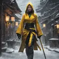 Mysterious beautiful kill bill ninja in the streets of a dark snowy town, 8k, Intricate Details, Trending on Artstation, Beautiful, Stunning, Centered by Stanley Artgerm Lau, WLOP