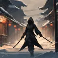 Silhouette of a mysterious kill bill ninja in the streets of a dark snowy town, 8k, Intricate Details, Trending on Artstation, Beautiful, Stunning, Centered by Stanley Artgerm Lau, WLOP