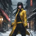 A mysterious Gogo Yubari kill bill ninja in a dark snowy Tokyo town, 8k, Intricate Details, Trending on Artstation, Beautiful, Stunning, Centered by Stanley Artgerm Lau, WLOP