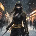 Silhouette of a mysterious beautiful armed kunoichi ninja wearing black leather and gold in the streets of dark snowy tokyo, 8k, Intricate Details, Trending on Artstation, Beautiful, Stunning, Centered by Stanley Artgerm Lau, WLOP