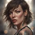 Matte portrait of Milla Jovovich with tattoos, 8k, Highly Detailed, Alluring, Artstation, Bokeh effect, Sharp Focus, Volumetric Lighting, Concept Art by Stanley Artgerm Lau, Greg Rutkowski