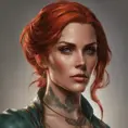 Matte portrait of Triss Merigold with tattoos, 8k, Highly Detailed, Powerful, Alluring, Artstation, Magical, Digital Painting, Photo Realistic, Sharp Focus, Volumetric Lighting, Concept Art by Stanley Artgerm Lau, Alphonse Mucha, Greg Rutkowski