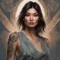 Matte portrait of Gemma Chan with tattoos, 8k, Highly Detailed, Powerful, Alluring, Artstation, Magical, Digital Painting, Photo Realistic, Sharp Focus, Volumetric Lighting, Concept Art by Stanley Artgerm Lau, Alphonse Mucha, Greg Rutkowski