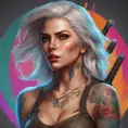 Matte portrait of a colorful tattooed Ciri, 4k, Highly Detailed, Hyper Detailed, Powerful, Artstation, Vintage Illustration, Digital Painting, Sharp Focus, Smooth, Volumetric Lighting, Concept Art by Stanley Artgerm Lau, Greg Rutkowski