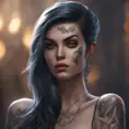 Matte portrait of Morgana with tattoos, 8k, Highly Detailed, Alluring, Artstation, Bokeh effect, Sharp Focus, Volumetric Lighting, Concept Art by Stanley Artgerm Lau, Greg Rutkowski