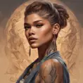 Matte portrait of Zendaya with tattoos, 8k, Highly Detailed, Powerful, Alluring, Artstation, Magical, Digital Painting, Photo Realistic, Sharp Focus, Volumetric Lighting, Concept Art by Stanley Artgerm Lau, Alphonse Mucha, Greg Rutkowski