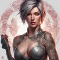 Matte portrait of Fiora with tattoos, 8k, Highly Detailed, Powerful, Alluring, Artstation, Magical, Digital Painting, Photo Realistic, Sharp Focus, Volumetric Lighting, Concept Art by Stanley Artgerm Lau, Alphonse Mucha, Greg Rutkowski